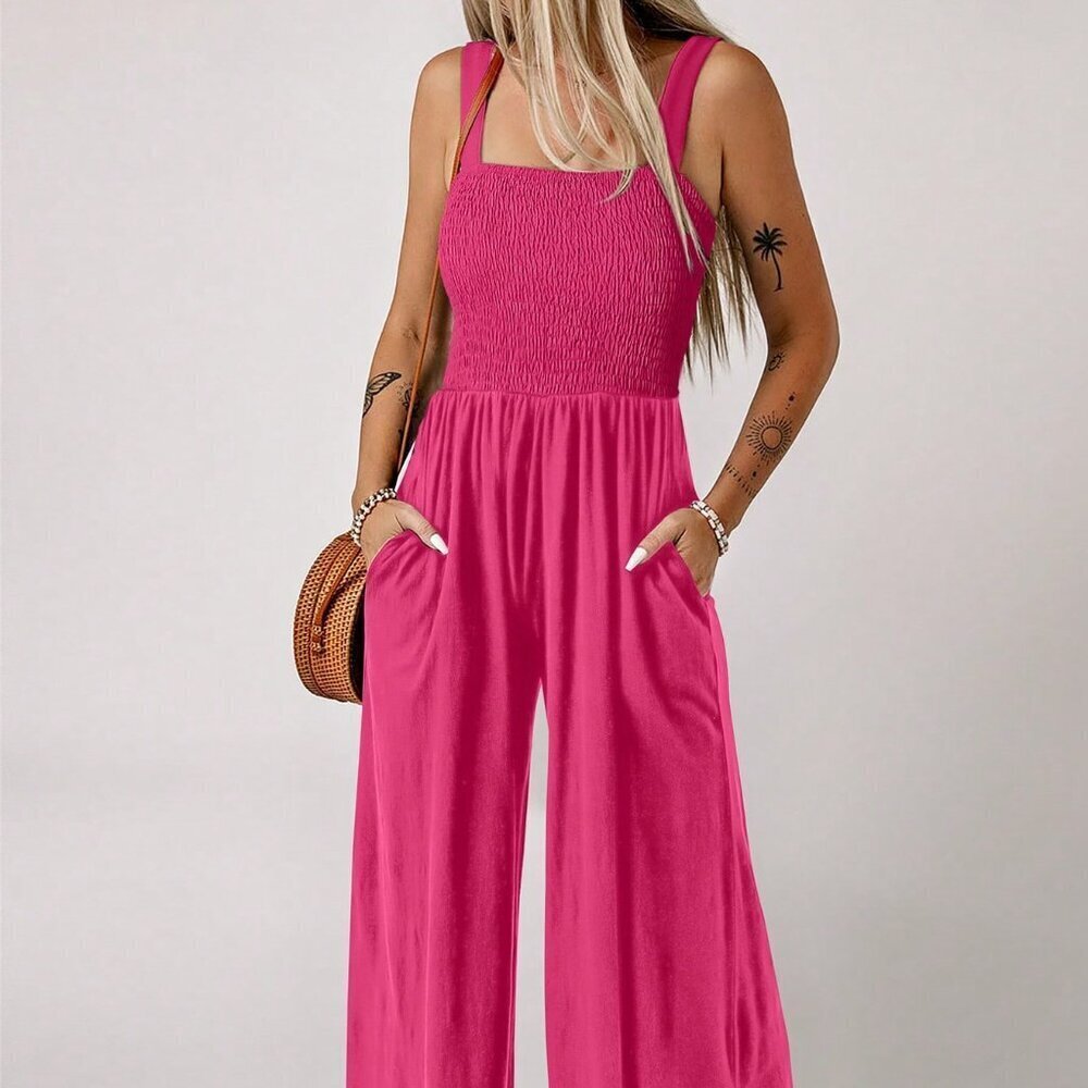 Pink Boho Women's Casual Pleated Patchwork Pocket Jumpsuit